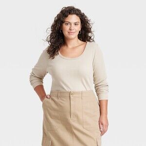 NWT Universal Thread Long Sleeve Rib Scoop Neck Shirt - Beige 3X